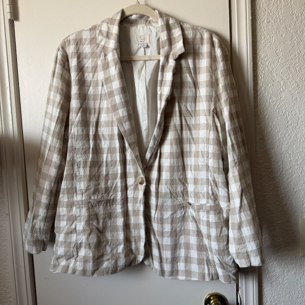 A New Day Tan Gingham Linen Blend Single Button Blazer Jacket L